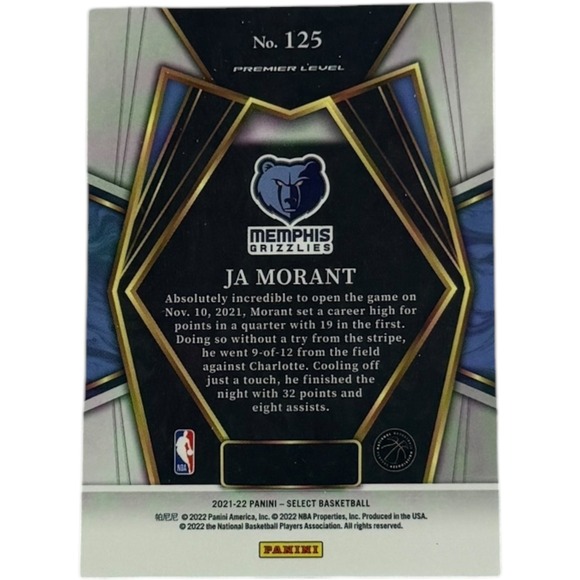 2021 2022 Panini Select Basketball Ja Morant Memphis Grizzlies Premier Level - Picture 2 of 2